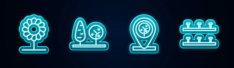 Set line Flower, Trees, Location and tree and Automatic irrigation sprinklers. Glowing neon icon. Vector