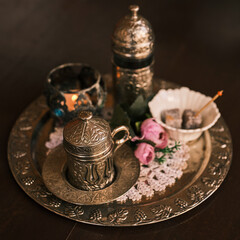 Turkish coffee in traditional silver cup