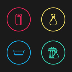 Set line Plastic basin, Trash can and garbage bag, Garbage and Paper towel roll icon. Vector