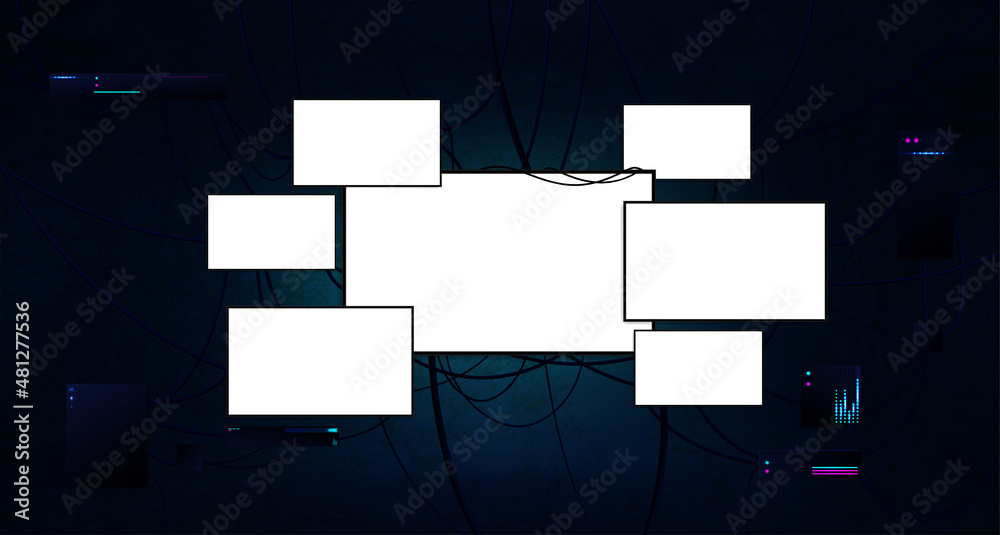 Poster Server room with blank screen monitors tv and pc. Dark background with cables, electrical panels and control units. Server room with kvm monitor screen. Mockup with black screens monitors. Vector 