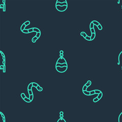 Fototapeta premium Set line Fishing spoon, Worm and rod on seamless pattern. Vector