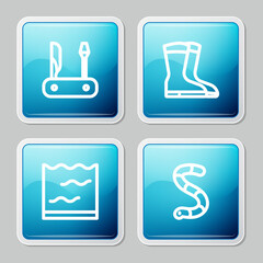 Set line Swiss army knife, Fishing boots, Aquarium and Worm icon. Vector