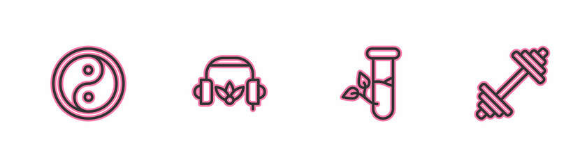 Set line Yin Yang, Laboratory glass and leaves, Headphones for meditation and Dumbbell icon. Vector