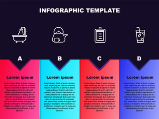 Set line Bathtub, Teapot with cup, Clipboard checklist and Fresh smoothie. Business infographic template. Vector
