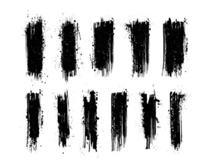 Black grunge and paint stripe with splashes with mud effect. Brush stroke with drops blots isolated. Black paintbrush with spray and splash effect. Modern textured shape, Dry border. Vector set grunge