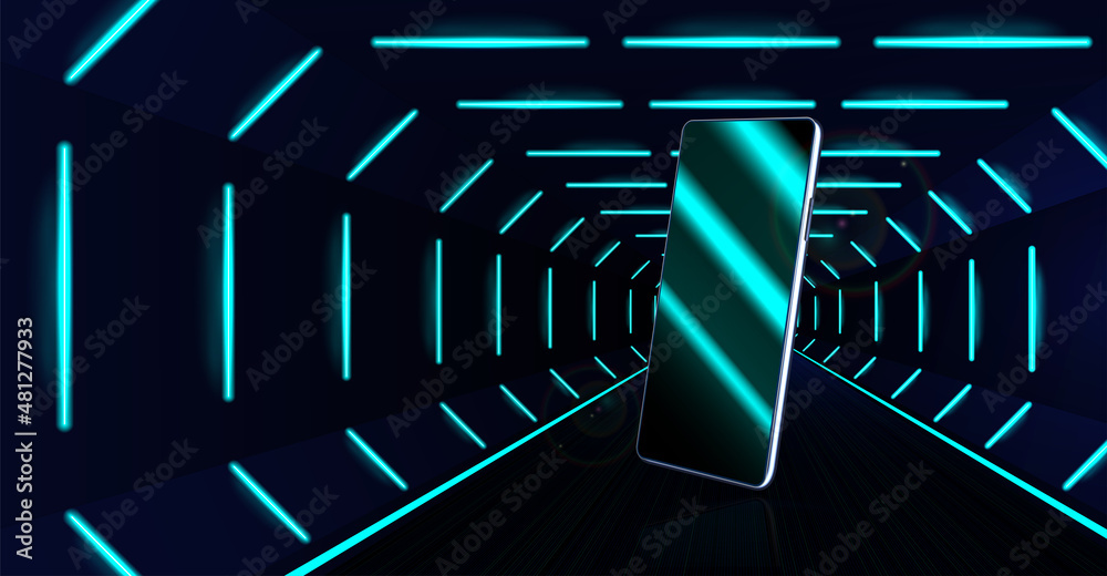 Poster realistic smartphone on neon background. mobile phone with blank screen. neon laser beam and cellpho