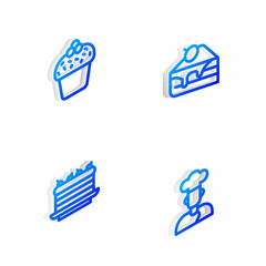 Set Isometric line Piece of cake, Cake, and Cook icon. Vector