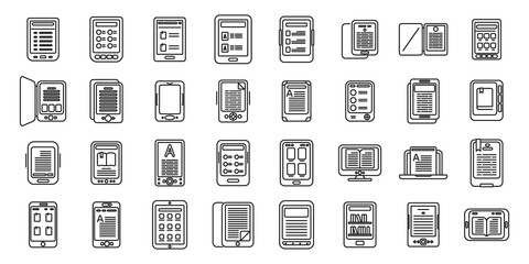E-book application icons set outline vector. Book reader