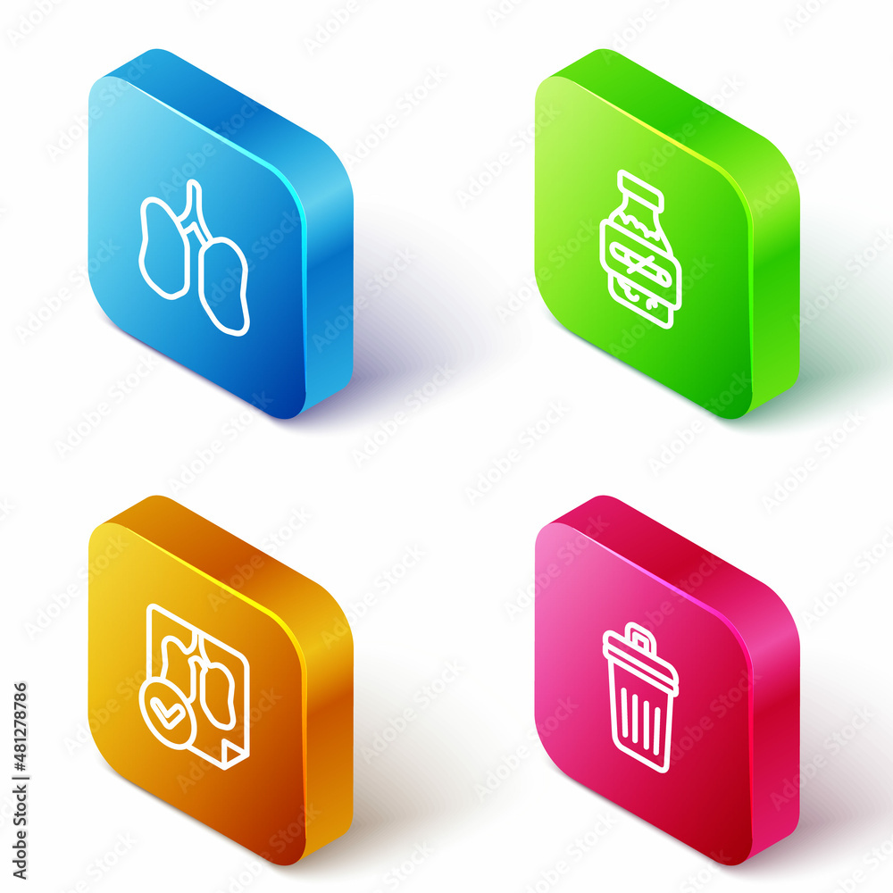 Sticker Set Isometric line Lungs, Nicotine gum in blister pack, x-ray diagnostics and Trash can icon. Vector