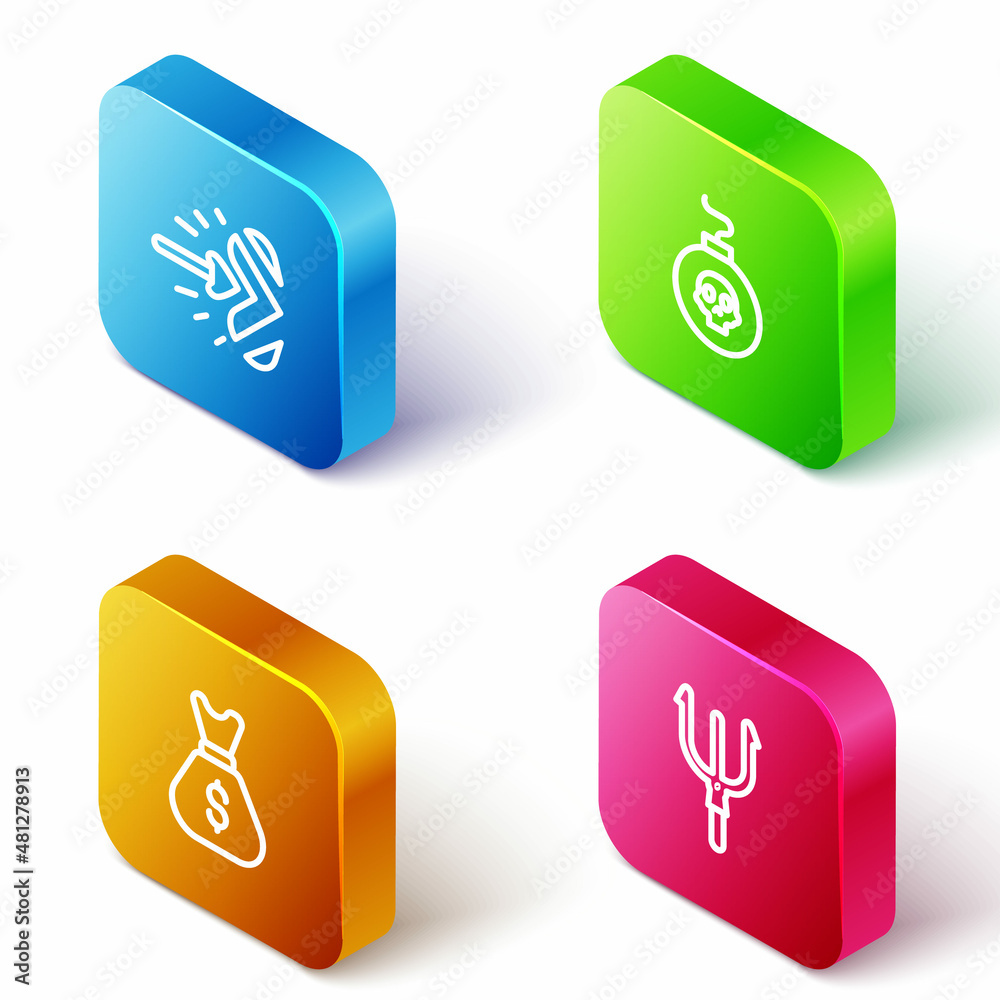 Sticker Set Isometric line Magic arrow, Bomb ready to explode, Old money bag and Neptune Trident icon. Vector