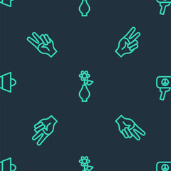 Set line Flower in vase, Peace symbol and Megaphone on seamless pattern. Vector