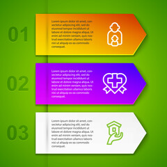 Set line Taking care of children, Heart with cross and Shelter for homeless. Business infographic template. Vector