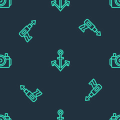 Set line Anchor, Fishing harpoon and Photo camera for diver on seamless pattern. Vector