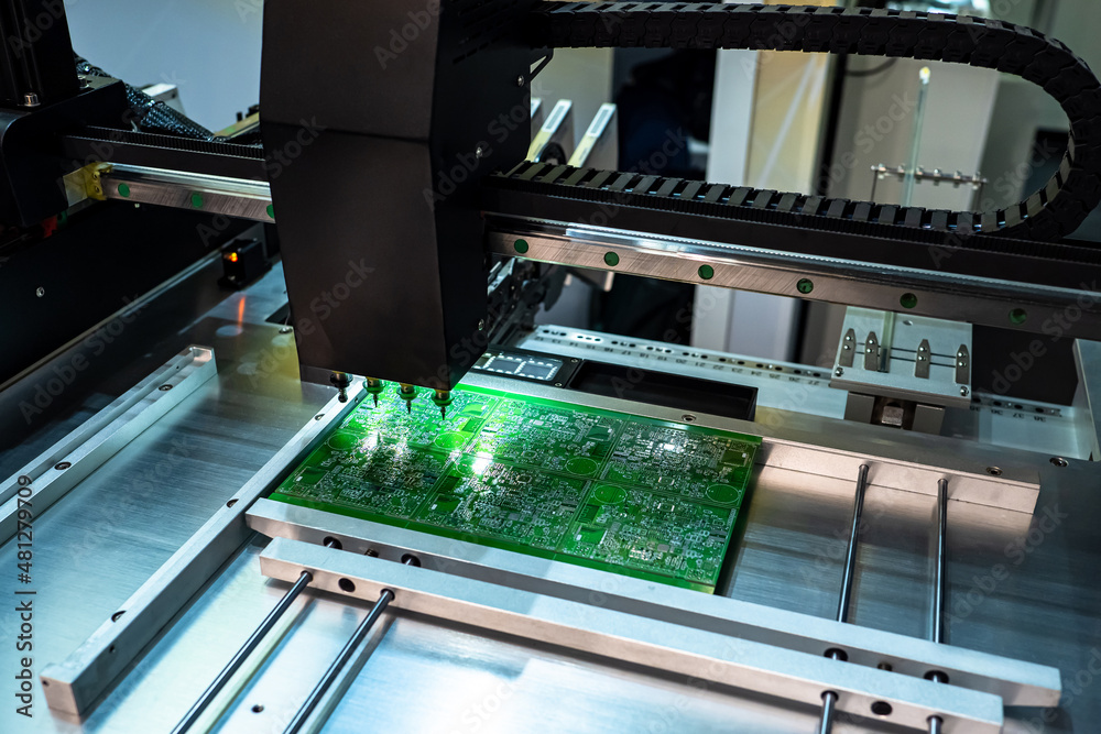 Poster print circuit board (pcb) assembling automatic robot. automation of microchip production. robotic sy