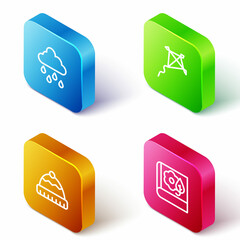 Set Isometric line Cloud with rain, Kite, Winter hat and Herbarium icon. Vector