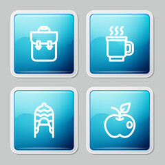 Set line School backpack, Cup of tea, Winter hat and Apple icon. Vector