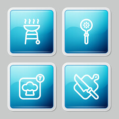 Set line Barbecue grill, Spatula, Chef hat and Cutting board and knife icon. Vector