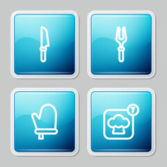 Set line Knife, Barbecue fork, Oven glove and Chef hat icon. Vector