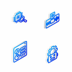 Set Isometric line Artificial intelligence AI, Processor CPU, Computer api interface and Robot setting icon. Vector