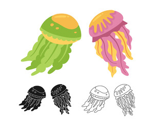 Jellyfish or medusa marine cartoon or stamp, doodle outline symbol set. Ocean undersea jelly stencil printing, seafood contour icon. Tropical under water sea design elements. Vector illustration