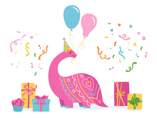 Happy birthday party, dino and gift box card. Cute dinosaur reptile childish character cartoon surprise invitation. Wildlife funny predators dinosaur prehistoric lizard. Kids design herbivores vector