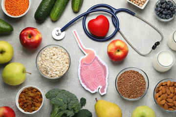 Paper gastrointestinal tract cutout, stethoscope and different organic products on light grey background, flat lay