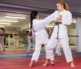 Two girls working in pair mastering new karate moves during group class with female coach