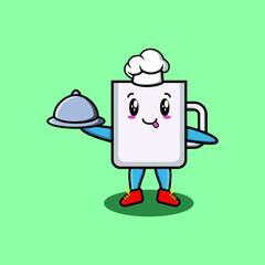 Cute Cartoon chef coffee tea cup mascot character serving food on tray cute style design for t-shirt, sticker, logo element