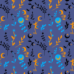 Naklejka na ściany i meble Witchy dark background of a night meadow. Seamless floral pattern with moons and stars.
