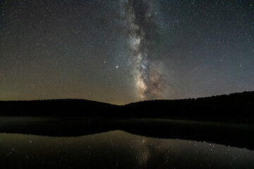 Night dark sky with milky way in Spruce Knob Lake West Virginia water reflection of stars landscape...