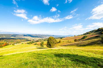 Wide angle panoramic view of rural countryside farm rolling hills fall autumn trees in Appalachian Allegheny mountains pastoral landscape in Highland county Virginia