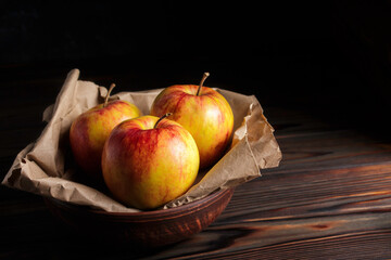 Fresh Gala apples on dark background. Red-yellow apples. Rustic style