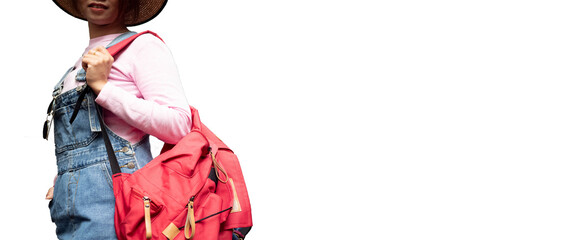 Female model wear red dress hat suitcase passport mask travel adventure trip travel tourism journey...