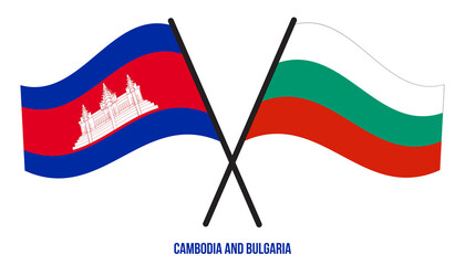 Cambodia and Bulgaria Flags Crossed And Waving Flat Style. Official Proportion. Correct Colors.