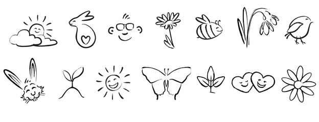 Collection of cute hand drawn spring cartoon icons  - 481283759
