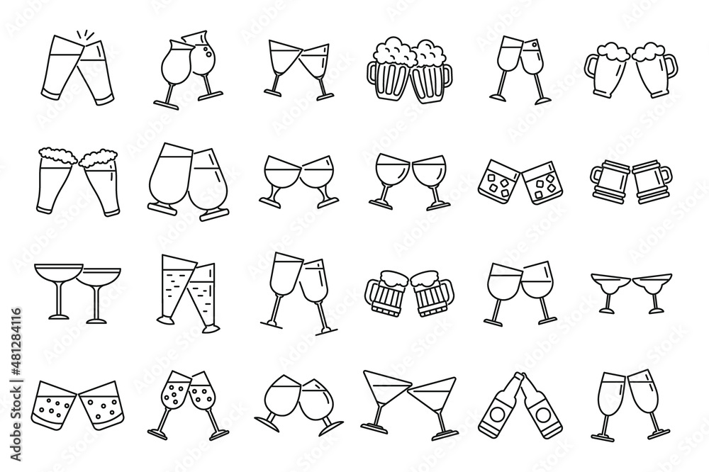 Sticker cheers icons set outline vector. beer toast