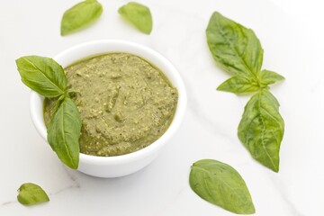 Delicious pesto and basil leaves.