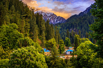 Landscape in the mountains. Scenic golden hour view in the Himalaya range. Sunrise view from the...
