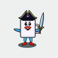Cute cartoon mascot character coffee tea cup pirate with hat and holding sword in modern design for t shirt, sticker, logo element