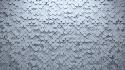 Fish Scale Tiles arranged to create a Futuristic wall. Semigloss, 3D Background formed from White blocks. 3D Render