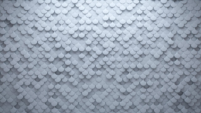 Fish Scale Tiles arranged to create a Futuristic wall. Semigloss, 3D Background formed from White blocks. 3D Render