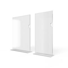 Blank Flyer Brochure Mockup A5 and DL Folder Holder isolated, 3d render. Plain Transparent plexiglass perspex table stand. Clear empty Acrylic Brochure Pocket mockup illustration design presentation.