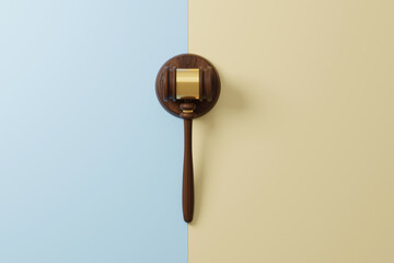 Top view of judge gavel on two colour background. Law and justice, legality concept. 3d illustration