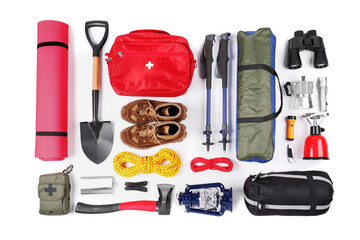 Set of camping equipment on white background, top view. Packing for trip