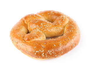 Tasty freshly baked pretzel isolated on white