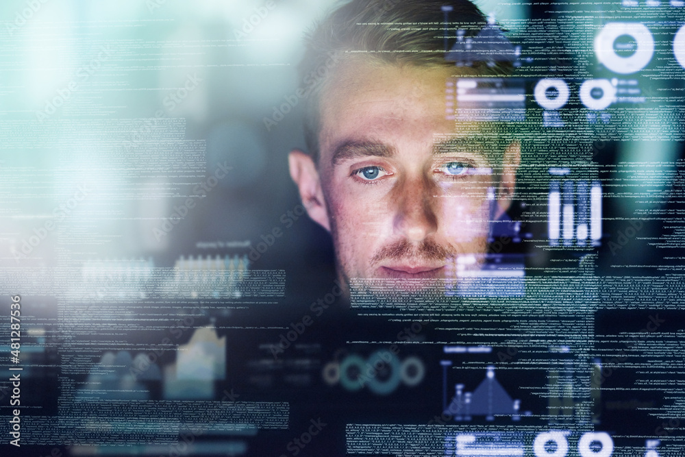 Poster Fluent in many languages. Cropped shot of a young computer programmer looking through data.