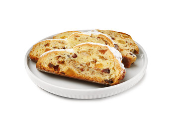 Traditional Christmas Stollen with icing sugar on white background