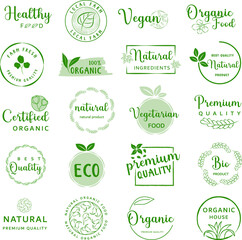 Organic food, natural food, healthy food and organic or natural product logos, icon, badges and stickers collection for food and drink market, ecommerce, organic products, natural products promotion.