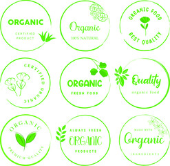 Organic food, natural food, healthy food and organic or natural product logos, icon, badges and stickers collection for food and drink market, ecommerce, organic products, natural products promotion,