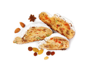 Traditional Christmas Stollen with icing sugar on white background, top view